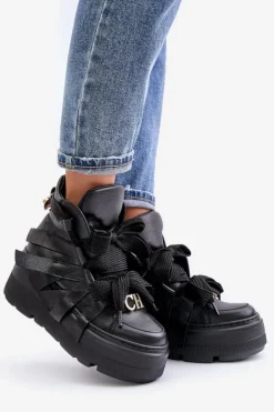 Damskie CheBello Skórzane Sneakersy Damskie Na Masywnej Platformie 4561 Czarne