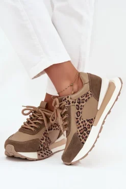 New Artiker Skórzane Sneakersy Damskie Na Platformie Panterka 55C0089 Brązowe Brązowy
