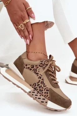 New Artiker Skórzane Sneakersy Damskie Na Platformie Panterka 55C0089 Brązowe Brązowy