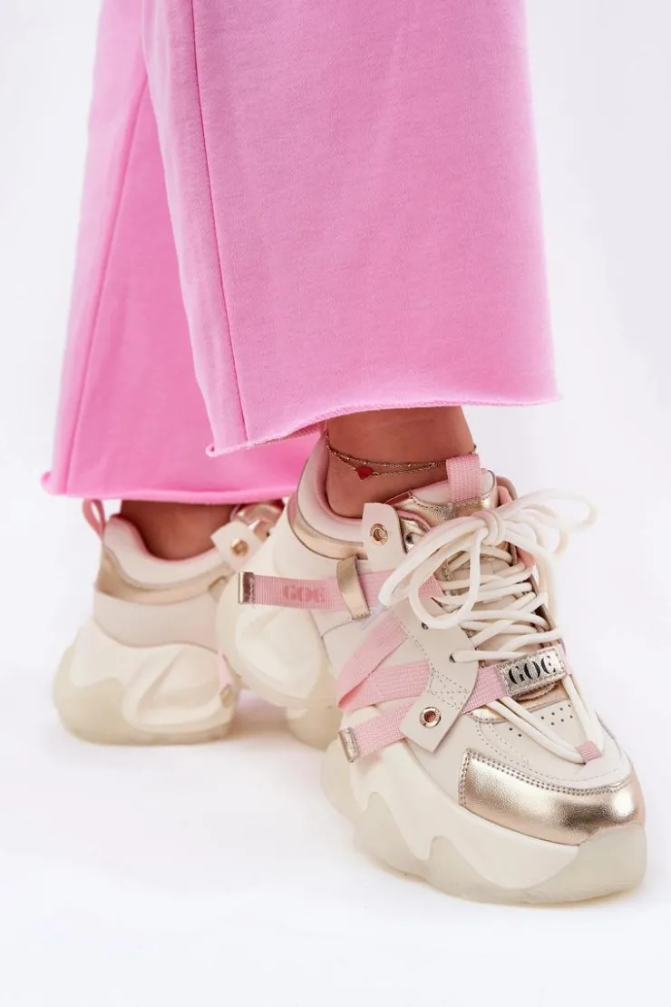 GOE Sneakersy Damskie*Skórzane Sneakersy Damskie Na Masywnej Podeszwie RR2N4031 Beżowe Beżowy
