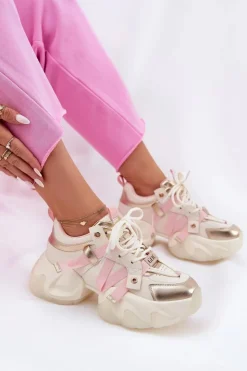 GOE Sneakersy Damskie*Skórzane Sneakersy Damskie Na Masywnej Podeszwie RR2N4031 Beżowe Beżowy