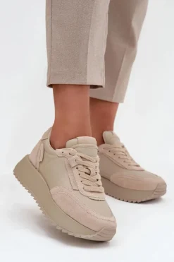 Damskie Artiker Skórzane Sneakersy Damskie Na Platformie 55C0021 Beżowe