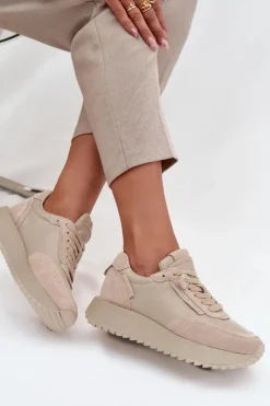 Damskie Artiker Skórzane Sneakersy Damskie Na Platformie 55C0021 Beżowe