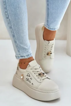 Buty damskie Vinceza Sneakersy Damskie*Skórzane Sneakersy Damskie Na Platformie Z Przypinkami I Napisem Vinceza 89102 Beżowe Beżowy