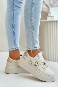 Buty damskie Vinceza Sneakersy Damskie*Skórzane Sneakersy Damskie Na Platformie Z Przypinkami I Napisem Vinceza 89102 Beżowe Beżowy