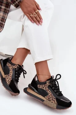 Artiker Buty Sportowe Na Platformie|Półbuty Skórzane*Skórzane Sneakersy Damskie Na Platformie Panterka 55C0134 Czarne Czarny