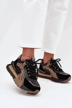 Artiker Buty Sportowe Na Platformie|Półbuty Skórzane*Skórzane Sneakersy Damskie Na Platformie Panterka 55C0134 Czarne Czarny