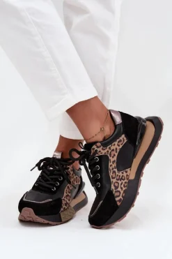Artiker Buty Sportowe Na Platformie|Półbuty Skórzane*Skórzane Sneakersy Damskie Na Platformie Panterka 55C0134 Czarne Czarny