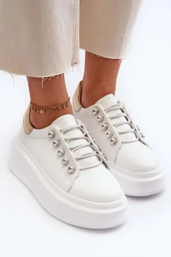 Damskie Damskie buty S.Barski Skórzane Sneakersy Damskie Na Masywnej Platformie Białe S.Barski LR628