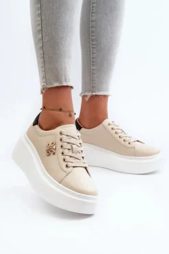Hot Boto Skórzane Sneakersy Damskie Na Platformie Beżowe Pernalia