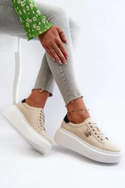 Hot Boto Skórzane Sneakersy Damskie Na Platformie Beżowe Pernalia