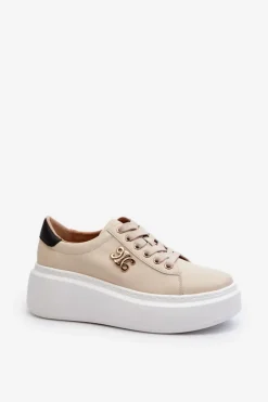 Hot Boto Skórzane Sneakersy Damskie Na Platformie Beżowe Pernalia