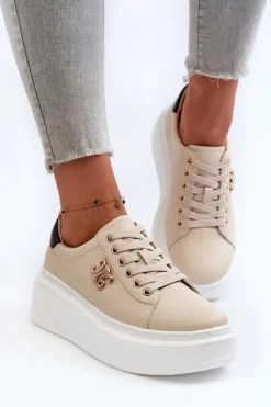 Hot Boto Skórzane Sneakersy Damskie Na Platformie Beżowe Pernalia