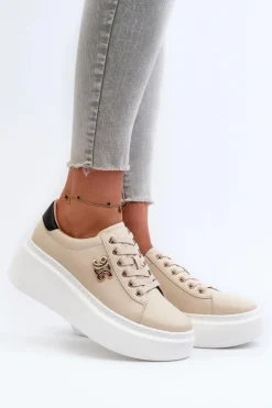 Hot Boto Skórzane Sneakersy Damskie Na Platformie Beżowe Pernalia