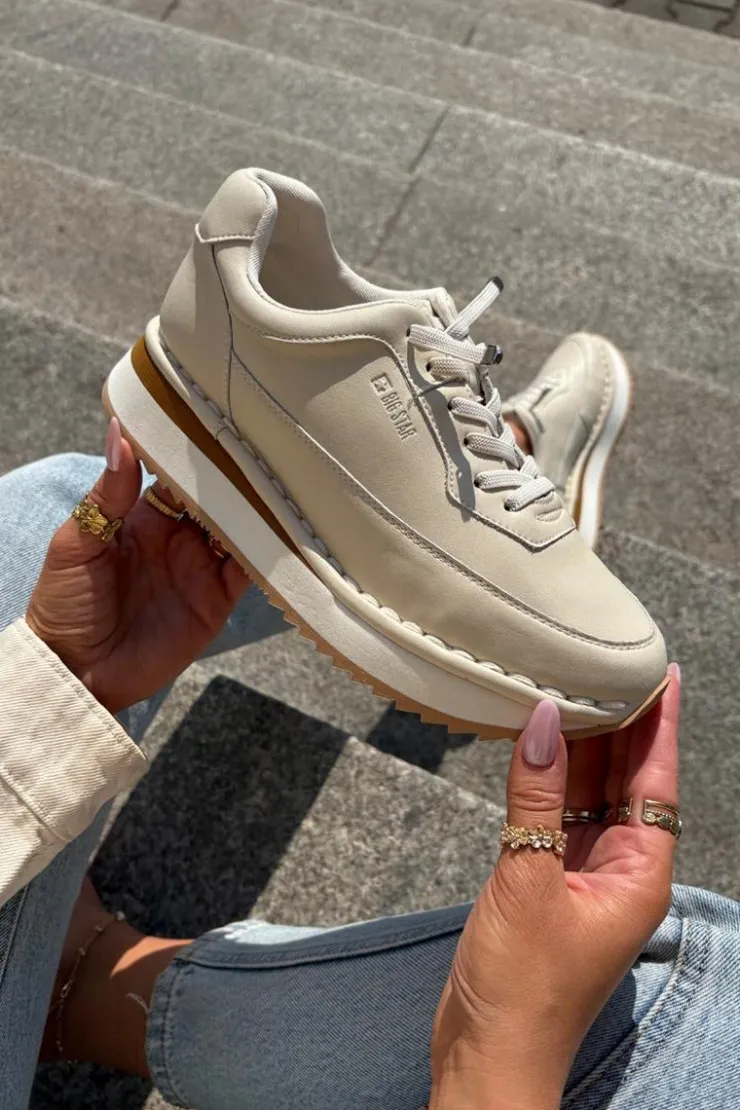 Discount Big Star Shoes Skórzane Sneakersy Damskie Na Platformie Big Star RR274A334 Beżowe Beżowy