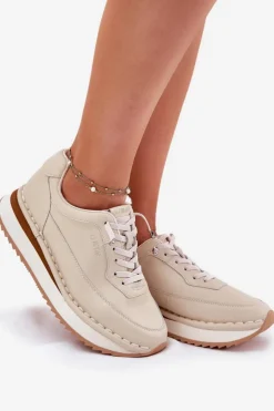 Discount Big Star Shoes Skórzane Sneakersy Damskie Na Platformie Big Star RR274A334 Beżowe Beżowy