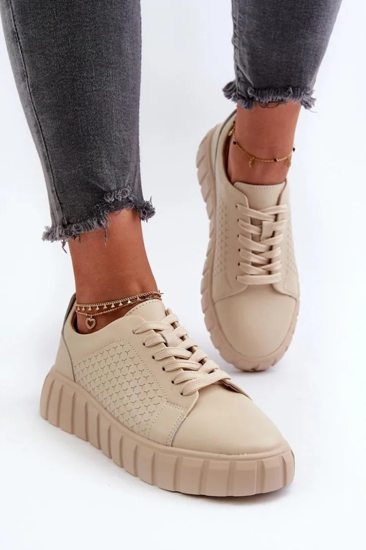 Evento Buty Sportowe Na Platformie*Skórzane Sneakersy Damskie Na Platformie Beżowe Eselmarie