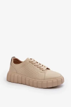 Evento Buty Sportowe Na Platformie*Skórzane Sneakersy Damskie Na Platformie Beżowe Eselmarie