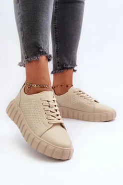 Evento Buty Sportowe Na Platformie*Skórzane Sneakersy Damskie Na Platformie Beżowe Eselmarie