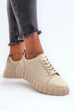 Evento Buty Sportowe Na Platformie*Skórzane Sneakersy Damskie Na Platformie Beżowe Eselmarie