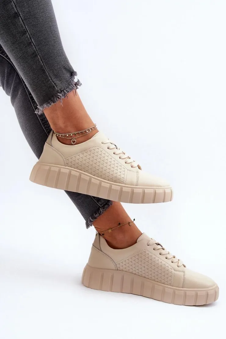 Evento Buty Sportowe Na Platformie*Skórzane Sneakersy Damskie Na Platformie Beżowe Eselmarie