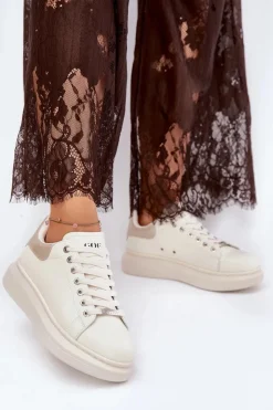 GOE Sneakersy Damskie*Skórzane Sneakersy Damskie Na Platformie RR2N4004 Beżowe
