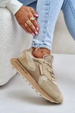 Online Big Star Shoes Skórzane Sneakersy Damskie Big Star OO274564 Hi-Poly System Beżowe Beżowy