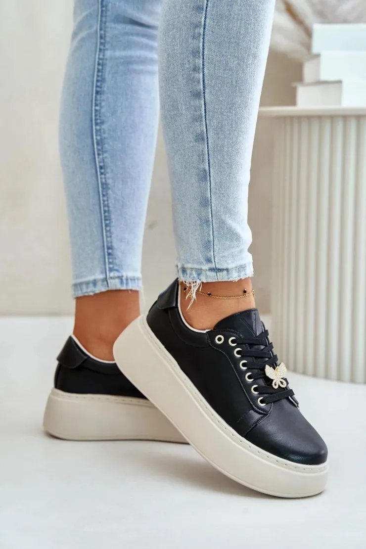 Damskie Buty damskie Vinceza Skórzane Sneakersy Damskie Na Platformie Z Przypinką Vinceza 89101 Czarne