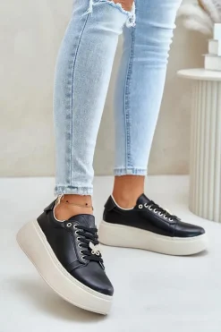 Damskie Buty damskie Vinceza Skórzane Sneakersy Damskie Na Platformie Z Przypinką Vinceza 89101 Czarne