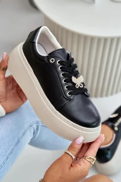 Damskie Buty damskie Vinceza Skórzane Sneakersy Damskie Na Platformie Z Przypinką Vinceza 89101 Czarne