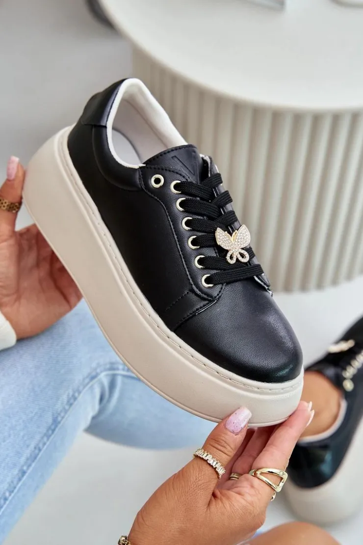 Damskie Buty damskie Vinceza Skórzane Sneakersy Damskie Na Platformie Z Przypinką Vinceza 89101 Czarne