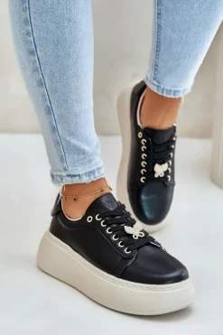 Damskie Buty damskie Vinceza Skórzane Sneakersy Damskie Na Platformie Z Przypinką Vinceza 89101 Czarne