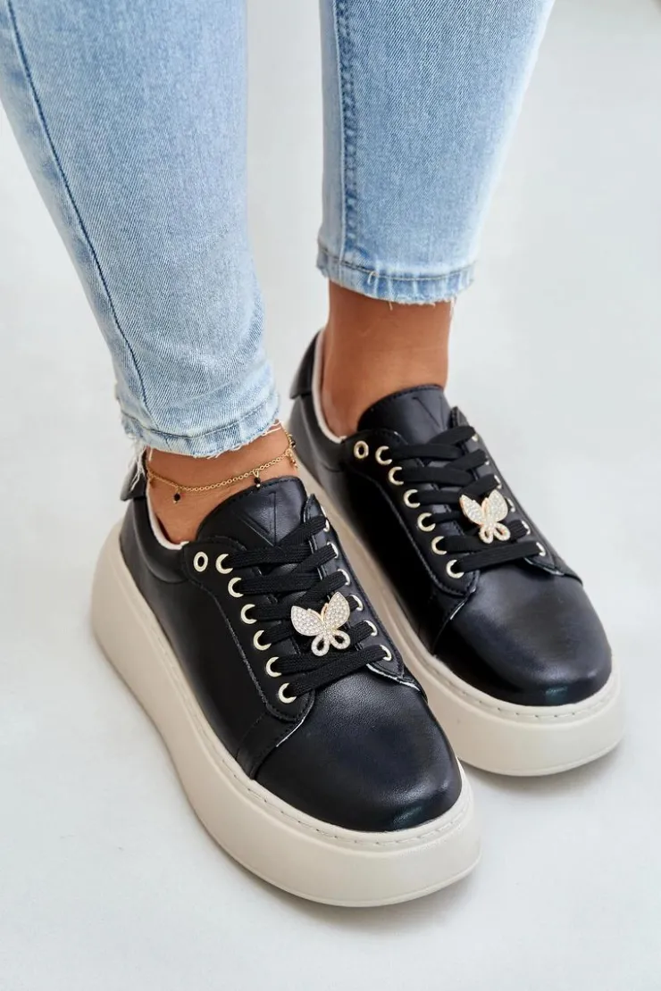 Damskie Buty damskie Vinceza Skórzane Sneakersy Damskie Na Platformie Z Przypinką Vinceza 89101 Czarne