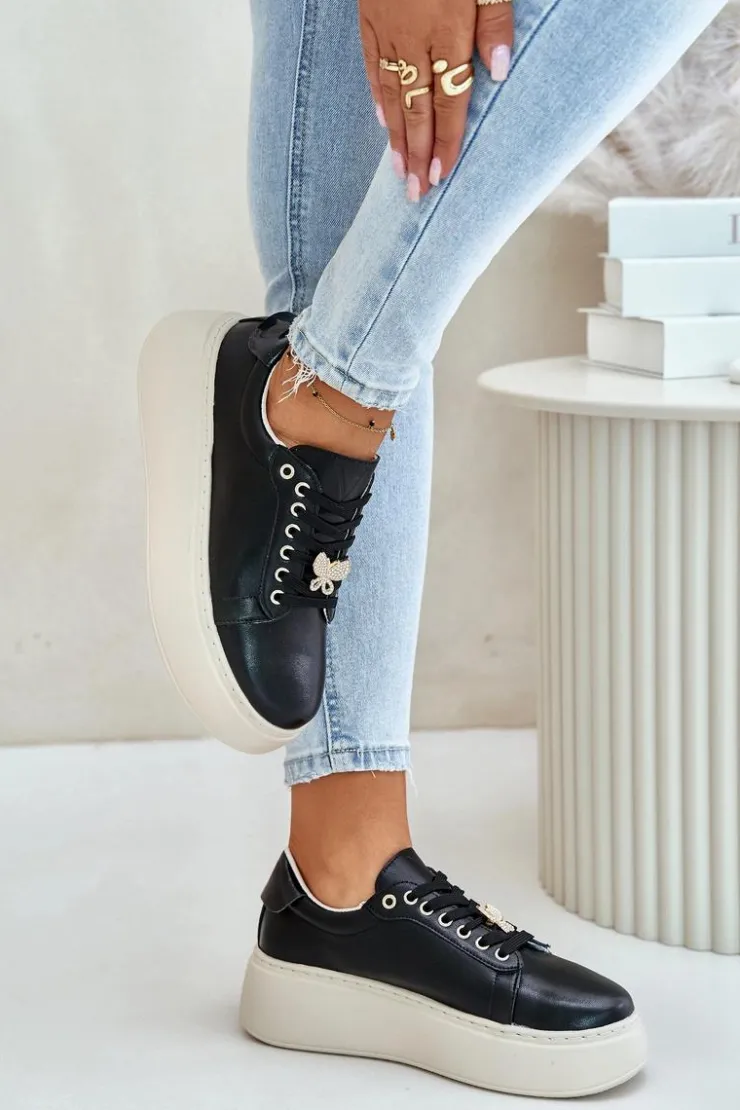 Damskie Buty damskie Vinceza Skórzane Sneakersy Damskie Na Platformie Z Przypinką Vinceza 89101 Czarne