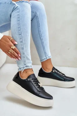 Damskie Buty damskie Vinceza Skórzane Sneakersy Damskie Na Platformie Z Przypinką Vinceza 89101 Czarne