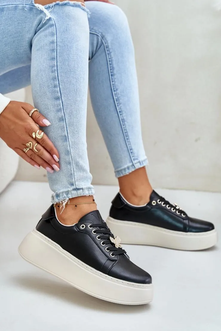 Damskie Buty damskie Vinceza Skórzane Sneakersy Damskie Na Platformie Z Przypinką Vinceza 89101 Czarne