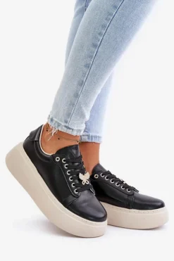 Damskie Buty damskie Vinceza Skórzane Sneakersy Damskie Na Platformie Z Przypinką Vinceza 89101 Czarne