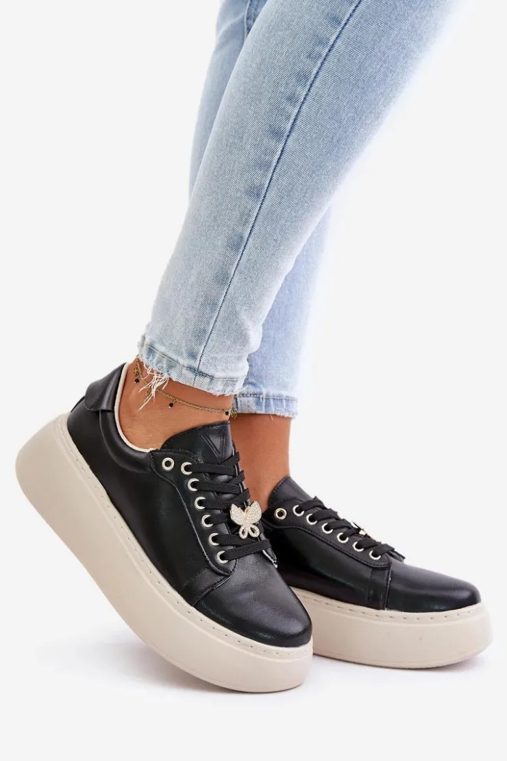 Damskie Buty damskie Vinceza Skórzane Sneakersy Damskie Na Platformie Z Przypinką Vinceza 89101 Czarne