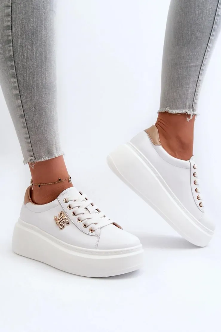 Damskie Boto Skórzane Sneakersy Damskie Na Platformie Białe Pernalia