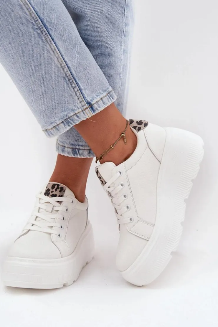 Discount Buty damskie Vinceza Skórzane Sneakersy Damskie Na Platformie Panterka Vinceza 89144 Białe Biały
