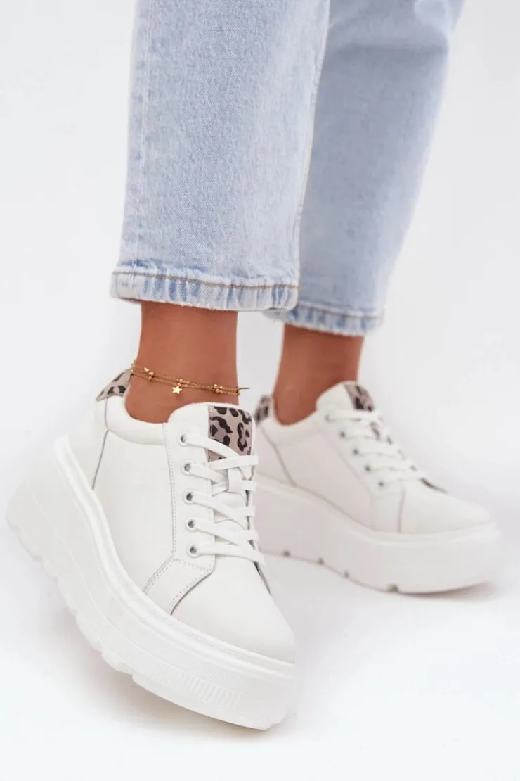 Discount Buty damskie Vinceza Skórzane Sneakersy Damskie Na Platformie Panterka Vinceza 89144 Białe Biały