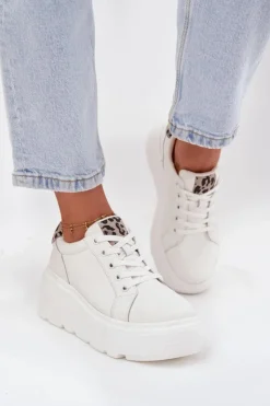 Discount Buty damskie Vinceza Skórzane Sneakersy Damskie Na Platformie Panterka Vinceza 89144 Białe Biały