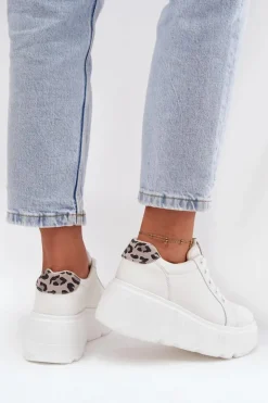 Discount Buty damskie Vinceza Skórzane Sneakersy Damskie Na Platformie Panterka Vinceza 89144 Białe Biały