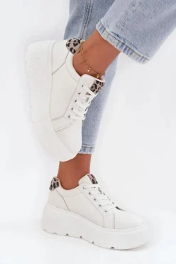 Discount Buty damskie Vinceza Skórzane Sneakersy Damskie Na Platformie Panterka Vinceza 89144 Białe Biały