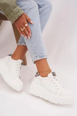 Discount Buty damskie Vinceza Skórzane Sneakersy Damskie Na Platformie Panterka Vinceza 89144 Białe Biały