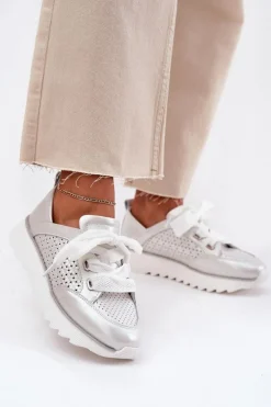 Damskie Damskie buty S.Barski Skórzane Sneakersy Damskie Na Platformie D&A LR51-796 Srebrne