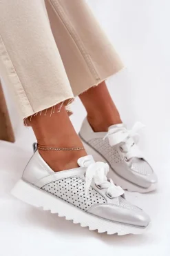 Damskie Damskie buty S.Barski Skórzane Sneakersy Damskie Na Platformie D&A LR51-796 Srebrne