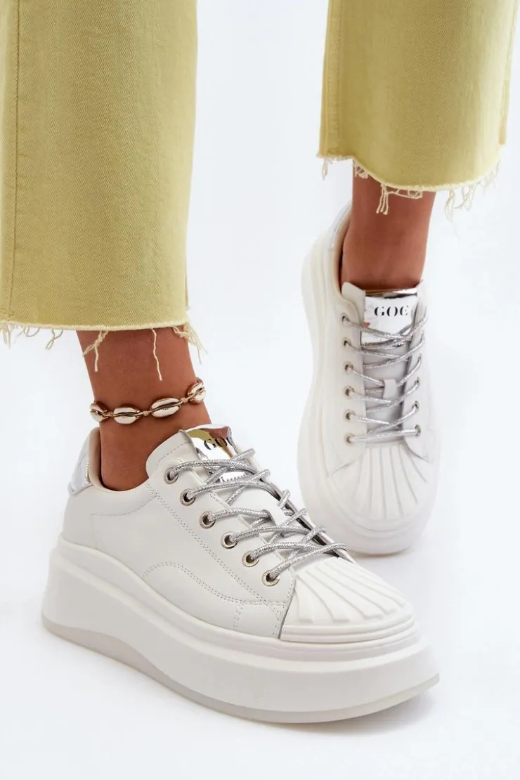 Hot GOE Skórzane Sneakersy Damskie Na Platformie NN2N4033 Białe