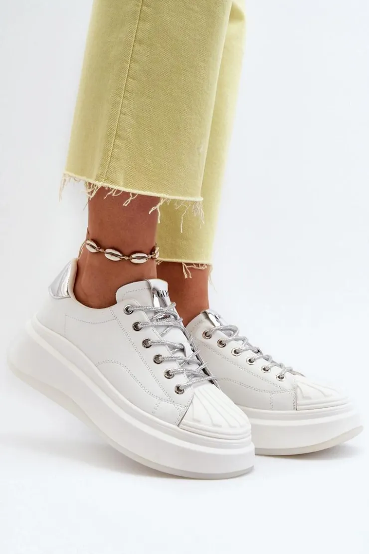 Hot GOE Skórzane Sneakersy Damskie Na Platformie NN2N4033 Białe