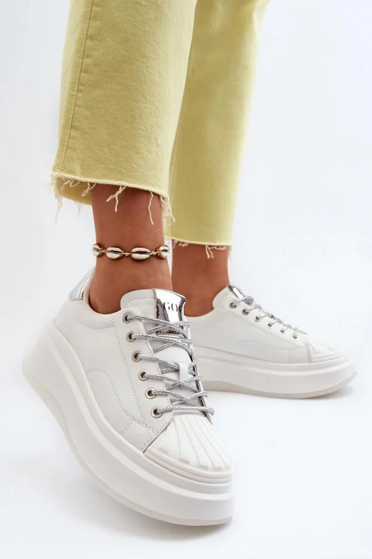 Hot GOE Skórzane Sneakersy Damskie Na Platformie NN2N4033 Białe